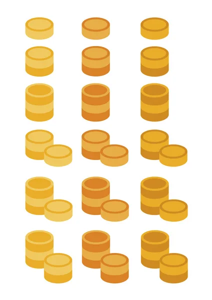在白色背景下设置不同数量的黄色 橙色和茶黄的金币堆 — 图库矢量图片