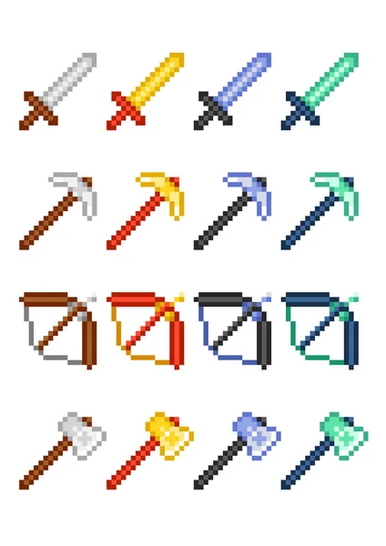 Oyun için öğelerle dört pixel Icon Setler: kazma, kılıç, yay ve değerli metaller ve mineraller balta: demir, altın, Safir ve elmas beyaz arka plan üzerinde.
