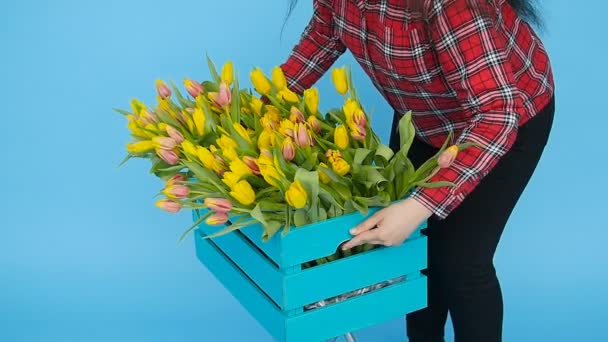 Jovem florista feminina com tulipas amarelas — Vídeo de Stock