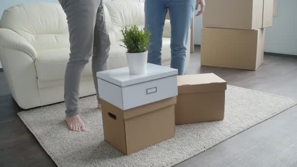Genç mutlu çift yeni bir daire taşındı — Stok video