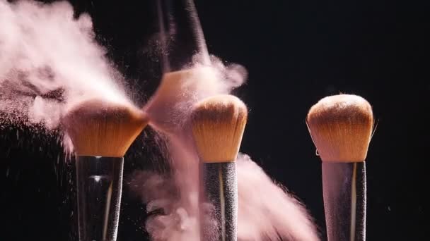 Make-up brushes with pink powder — Stock Video