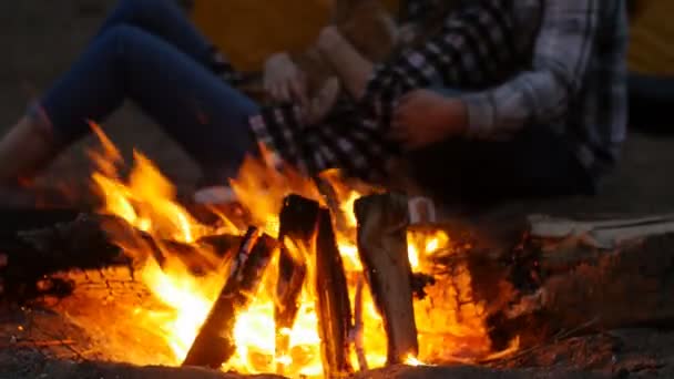 Concepto de viaje y amor. Joven pareja encantadora cerca de la chimenea en el campamento — Vídeo de stock