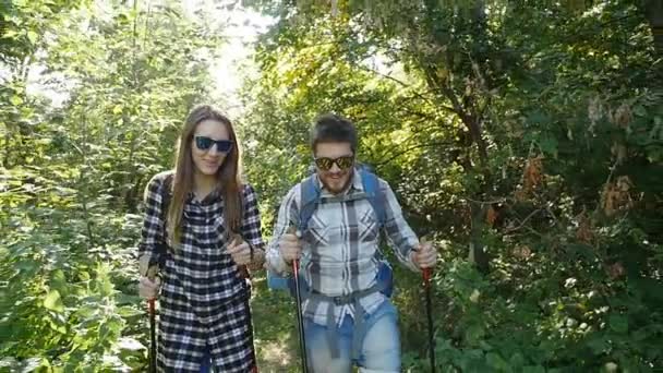 Pasangan muda dengan ransel di hutan. Konsep Perjalanan dan Pendakian — Stok Video