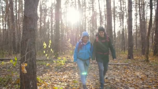 Concepto de senderismo y viajes por la naturaleza. Pareja joven de excursionistas en el bosque en otoño — Vídeos de Stock