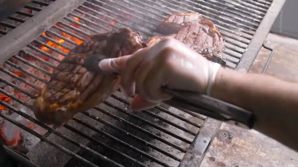 Concept de cuisine. Deux steaks grillés sur un gril enflammé — Video