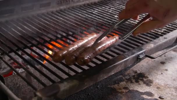 Conceito de cozinha. Salsichas de churrasco grelhadas em uma grelha de fogo — Vídeo de Stock