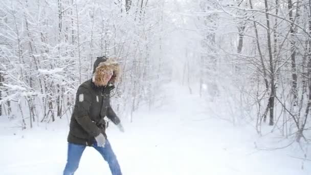 冬のウォーキングや観光の概念。若い幸せなカップルが歩くし、冬の森で楽しい時を過す — ストック動画
