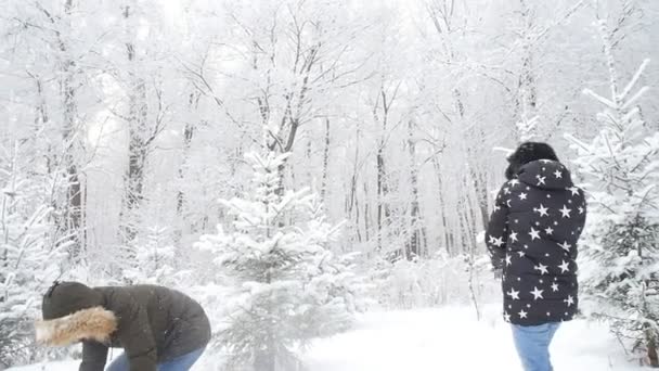 Caminata de invierno y concepto turístico. Joven pareja feliz caminar y divertirse en el bosque en invierno — Vídeo de stock