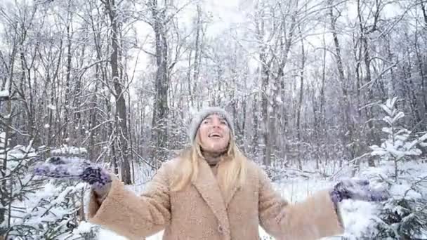 冬の楽しみ。冬の森や公園で雪を投げる女性 — ストック動画