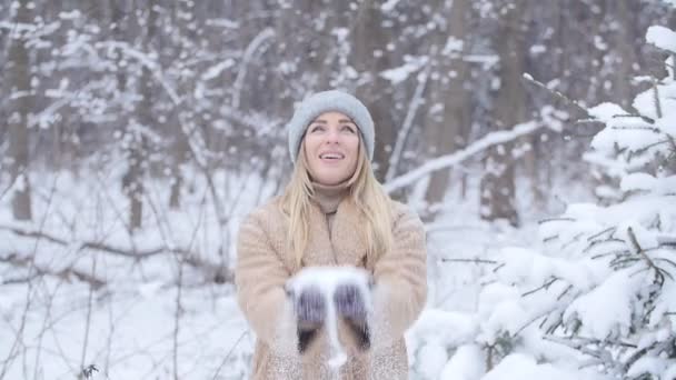 Amusement d'hiver. Femme jetant de la neige dans l'air dans la forêt ou le parc d'hiver — Video