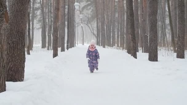 Concepto de invierno y Navidad. Niña feliz corriendo en un parque de invierno — Vídeo de stock