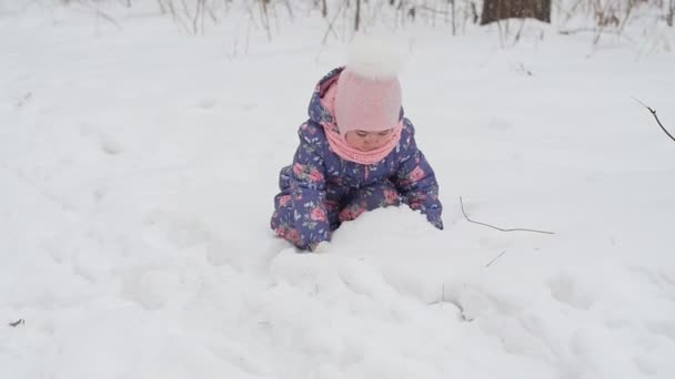 Concepto de invierno y Navidad. Niña feliz jugando con la nieve en un parque de invierno — Vídeos de Stock