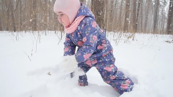 Concepto de invierno y Navidad. Niña feliz jugando con la nieve en un parque de invierno — Vídeos de Stock