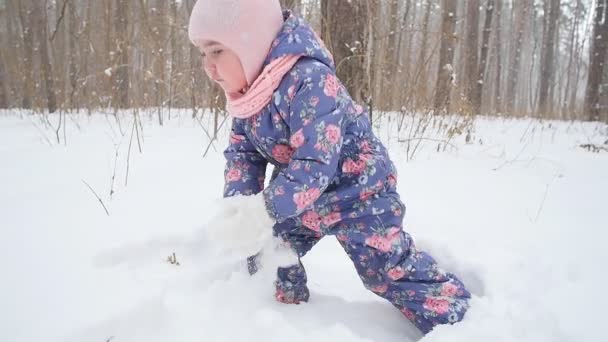 Concept d'hiver et de Noël. Bonne petite fille jouant avec la neige dans un parc d'hiver — Video