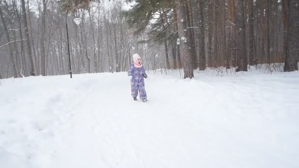 Conceito de Inverno e Natal. Menina feliz brincando com a neve em um parque de inverno — Vídeo de Stock