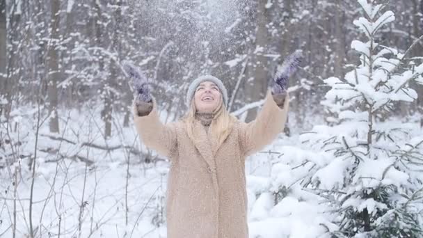 圣诞节和寒假的概念。快乐的妇女扔雪在冬天森林 — 图库视频影像