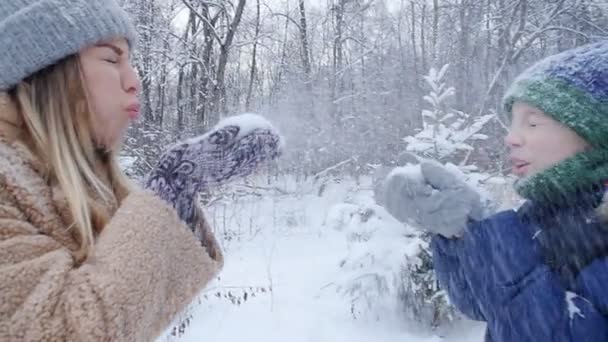 冬季有趣的概念 快乐的母亲和儿子在冬季森林或公园向空中扔雪 — 图库视频影像