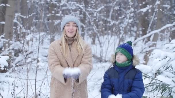 Amusement d'hiver. Bonne mère et son fils jetant de la neige dans l'air dans la forêt ou le parc d'hiver — Video