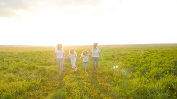 Concepto de amistad. Jóvenes mujeres felices con sus hijas corriendo por el campo al atardecer — Vídeo de stock