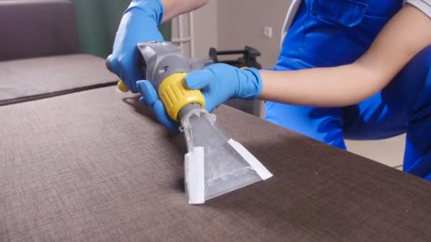 Bir kanepe ve profesyonel Kuru Temizleme. Ofiste ya da evde temizlik kavramını — Stok video