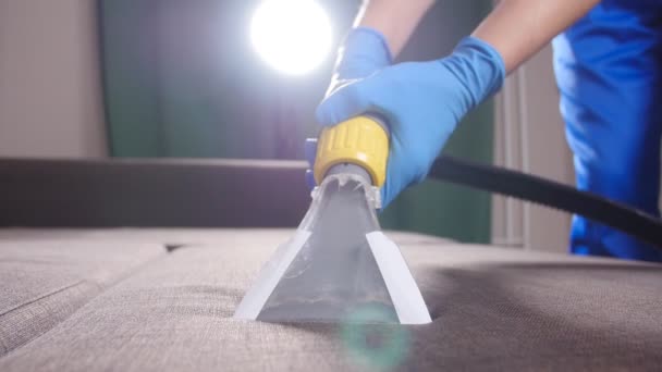 Conceito de limpeza. Trabalhador de limpeza a seco removendo sujeira de móveis estofados — Vídeo de Stock