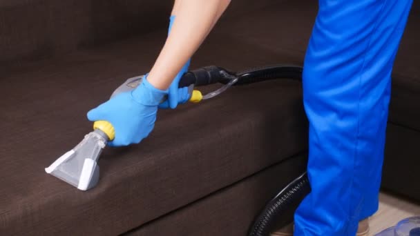 Cleanliness concept. Dry cleaning worker removing dirt from upholstered furniture — Stock Video