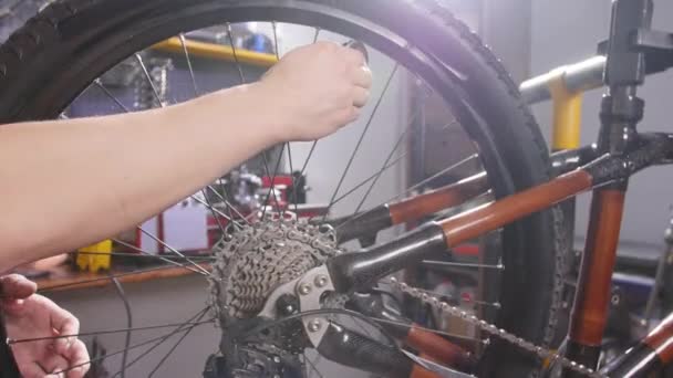 Концепція велосипедного обслуговування. Молодий чоловік ремонтує і утримує велосипед у майстерні — стокове відео