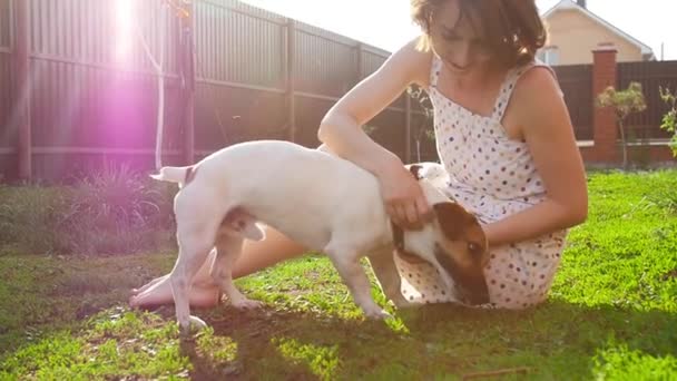 友谊和宠物的概念。快乐的年轻女子和狗在草地上玩得开心 — 图库视频影像