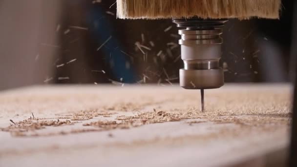 Concepto de producción y carpintería. Corte de madera con fresadoras CNC — Vídeo de stock