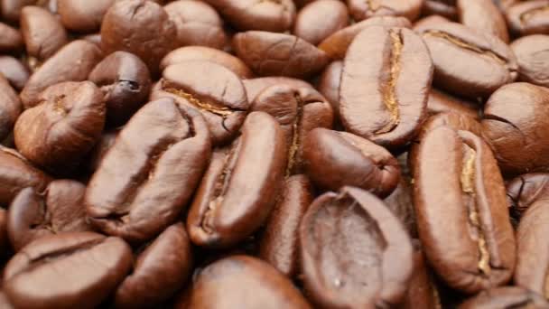 Gros plan, grains de café torréfiés en mouvement — Video