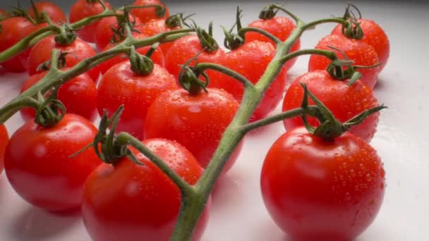 Pequeños tomates rojos cereza en una mesa gris macro de ancho tiro — Vídeos de Stock