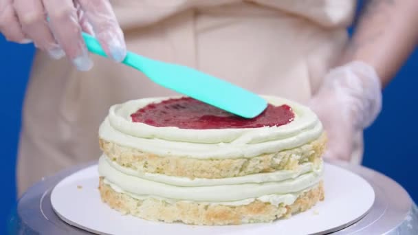 Concepto de pequeña empresa y hobby. Pastelero, hace un pastel — Vídeo de stock