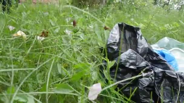 Concept of environmental protection. Plastic and glass bottles, bottle caps and paper, — Stock Video