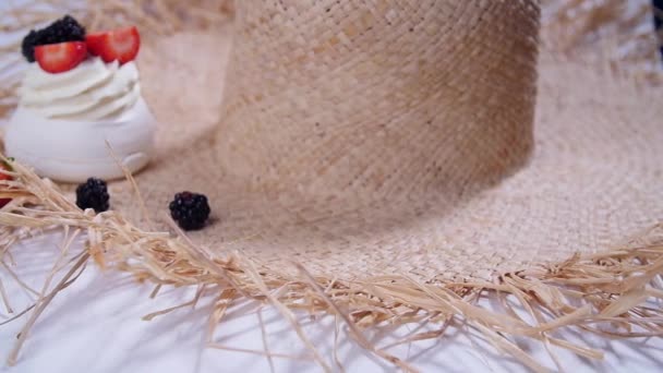 White Dessert with fresh berries on table — Stock Video