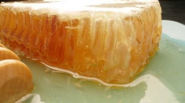 Doğal Eko Gıda Kavramı. Ahşap çubuklu taze petekler, closeup