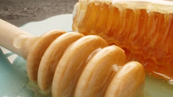 Conceito Natural Eco Food. favos de mel frescos com pau de madeira, macro — Vídeo de Stock