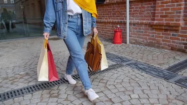 Shopping concept. Stijlvolle moslim meisje is wandelen langs de stad straat met winkelen — Stockvideo