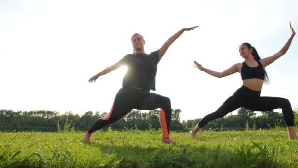 Fitness, esporte, amizade e estilo de vida conceito - Duas jovens mulheres estão treinando alongamento ao ar livre ao pôr do sol — Vídeo de Stock