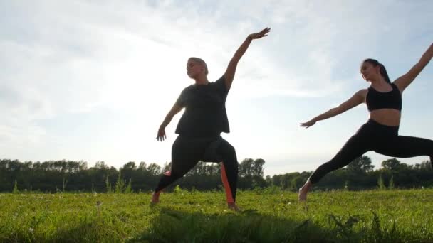 Веселый тренер и позитивная женщина сияют во время выполнения упражнений на открытом воздухе на закате — стоковое видео