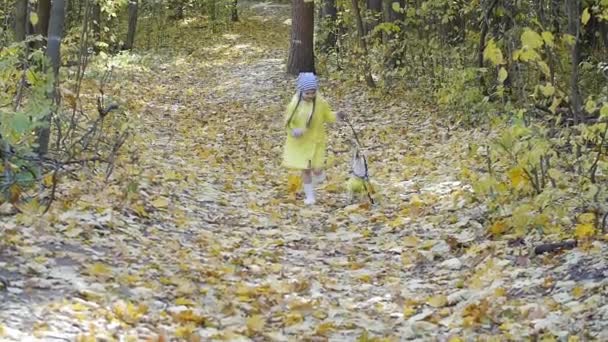 Concepto de mascotas, familia y amistad. pequeña linda chica corre a través del bosque de otoño con un perro — Vídeo de stock