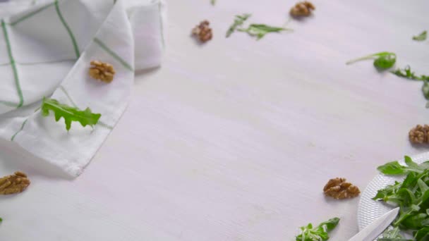 Healthy eating concept. Toast with avocado cream on the white wooden board — Stock Video