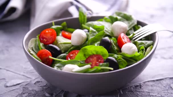 Vegetariano y, concepto de alimentos orgánicos. Ensalada Caprese italiana o mediterránea. Tomate mozzarella hojas de albahaca aceitunas negras y aceite de oliva rotar — Vídeo de stock