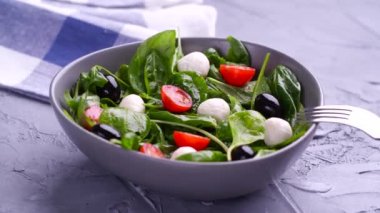 Vejetaryen ve organik gıda konsepti. Caprese İtalyan ya da Akdeniz salatası. Domates mozzarella fesleğen siyah zeytin ve zeytin yağı dönüşümlü bırakır