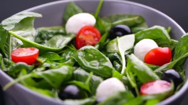 Vejetaryen ve organik gıda konsepti. Çeri domates ve mozzarella taze salataya dökülüyor.
