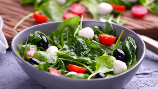 Vegetariano e, conceito de comida orgânica. Tomate cereja e mussarela caindo em salada fresca — Vídeo de Stock