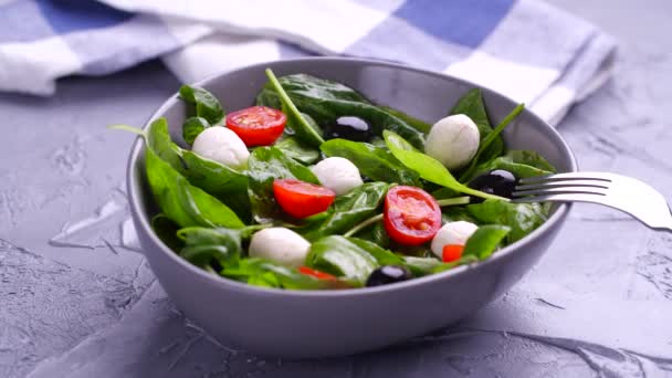 Vejetaryen ve organik gıda konsepti. Caprese İtalyan ya da Akdeniz salatası. Domates mozzarella fesleğen siyah zeytin ve zeytin yağı dönüşümlü bırakır — Stok video