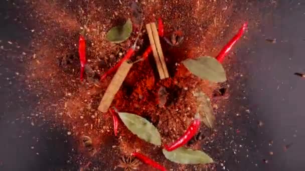 Exotische specerijen en chili peper Vliegen op en neer in Slow Motion — Stockvideo