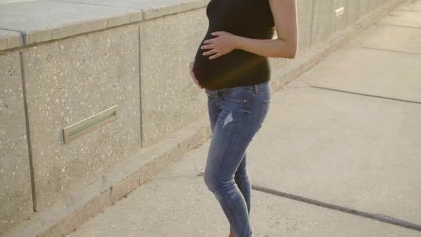 Koncept mateřství a těhotenství. Mladá šťastná těhotná žena v západu slunce — Stock video