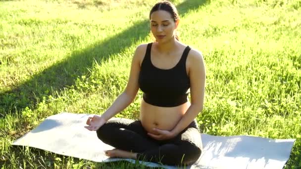 Maternity and pregnancy concept. Young Pregnant woman sitting on the grass doing fitness or yoga exercise in sunny summer day — Stock Video