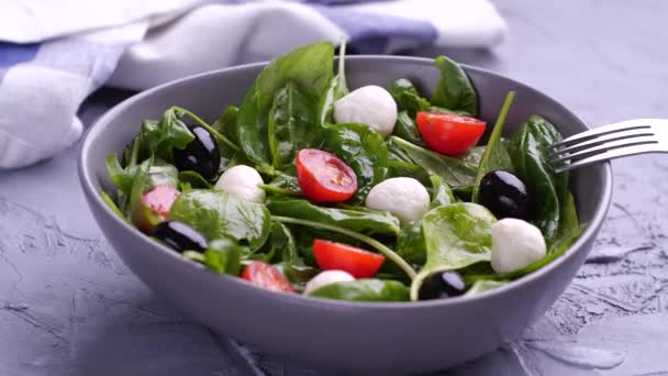 Vejetaryen ve organik gıda konsepti. Çeri domates ve mozzarella taze salataya dökülüyor. — Stok video